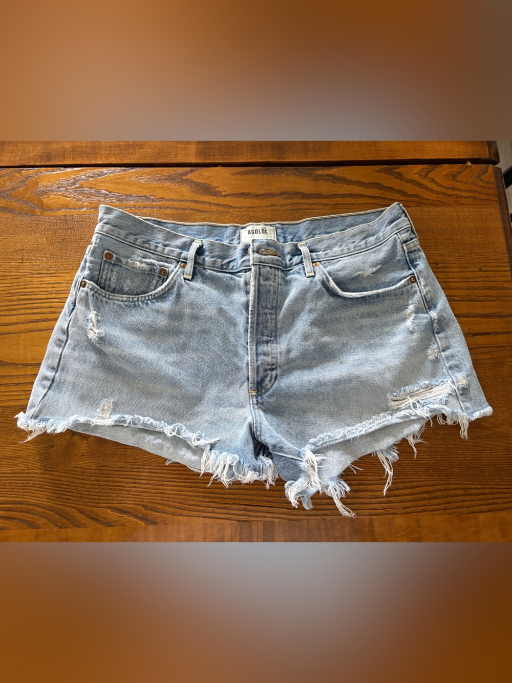 Agolde Light Blue Distressed High-Rise Denim Shorts
